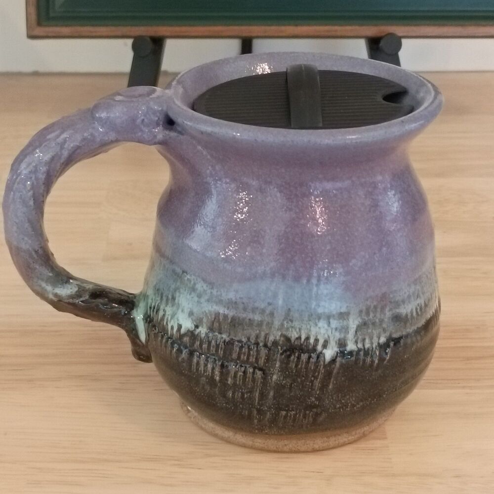 Stoneware Pottery Mug with Lid Rustic Country Colorful Heavy-Duty 12 oz